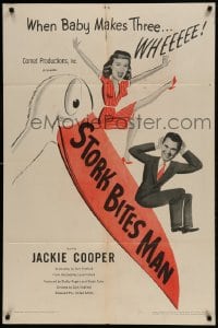 8y819 STORK BITES MAN 1sh 1947 Jackie Cooper & Meg Randall have a baby, cool wacky bird art!