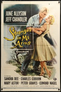 8y824 STRANGER IN MY ARMS 1sh 1959 art of Jeff Chandler holding pretty June Allyson!
