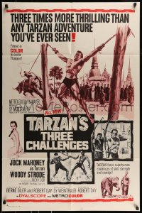 8y861 TARZAN'S THREE CHALLENGES 1sh R1960s Edgar Rice Burroughs, artwork of bound Jock Mahoney!