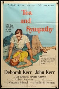 8y865 TEA & SYMPATHY 1sh 1956 great artwork of Deborah Kerr & John Kerr by Gale, classic tagline!