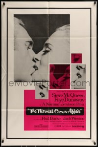 8y891 THOMAS CROWN AFFAIR 1sh 1968 best kiss close up of Steve McQueen & sexy Faye Dunaway!