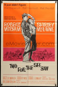 8y929 TWO FOR THE SEESAW 1sh 1962 art of Robert Mitchum & sexy beatnik Shirley MacLaine by Hooks!