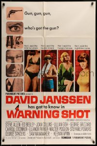 8y957 WARNING SHOT 1sh 1966 David Janssen, Joan Collins, sexy girls, who's got the gun?