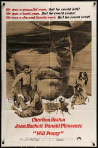8y979 WILL PENNY 1sh 1968 close up of cowboy Charlton Heston, Joan Hackett, Donald Pleasance