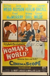 8y986 WOMAN'S WORLD 1sh 1954 June Allyson, Clifton Webb, Van Heflin, Lauren Bacall, Arlene Dahl!