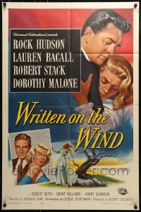 8y989 WRITTEN ON THE WIND 1sh 1956 Brown art of sexy Lauren Bacall with Rock Hudson & Robert Stack!