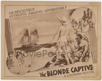 8z141 BLONDE CAPTIVE LC 1932 topless beautiful white woman waving at ship on island with native!