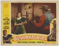 8z177 BUSHWHACKERS LC #5 1952 close up of scared Dorothy Malone holding bad guy at gunpoint!