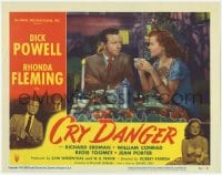 8z253 CRY DANGER LC #5 1951 close up of Dick Powell & Rhonda Fleming having dinner in restaurant!