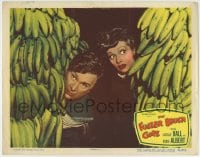 8z358 FULLER BRUSH GIRL LC #3 1950 close up of Lucille Ball & Eddie Albert hiding behind bananas!
