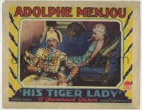 8z422 HIS TIGER LADY LC 1928 Adolphe Menjou poses as Rajah who trains tigers for Evelyn Brent!