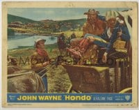 8z428 HONDO 3D LC #6 1953 3-D, John Wayne & Ward Bond help wounded soldier down from stagecoach!