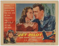 8z476 JET PILOT LC #1 1957 best romantic close up of John Wayne & sexy Janet Leigh, Howard Hughes