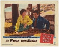 8z509 LADY TAKES A SAILOR LC #4 1949 Dennis Morgan & Jane Wyman in the sand under the pier!