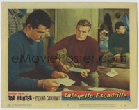 8z510 LAFAYETTE ESCADRILLE LC #3 1958 close up of Tab Hunter & David Janssen reading mail in bunk!