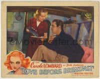 8z551 LOVE BEFORE BREAKFAST LC 1936 Carole Lombard brings Cesar Romero breakfast in bed!