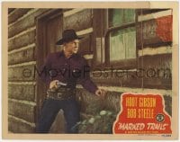 8z584 MARKED TRAILS LC 1944 close up of cowboy Bob Steele with gun sneaking around cabin window!