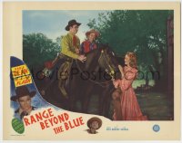 8z724 RANGE BEYOND THE BLUE LC #2 1947 pretty Helen Mowery admires Eddie Dean's horse Flash!