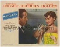 8z765 SABRINA LC #4 1954 Billy Wilder, Audrey Hepburn & Humphrey Bogart toast w/champagne glasses!