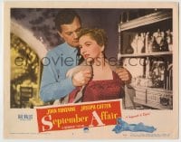 8z801 SEPTEMBER AFFAIR LC #2 1951 romantic close up of lovers Joseph Cotten & Joan Fontaine!