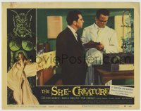 8z809 SHE-CREATURE LC #7 1956 Ron Randell and scientist in laboratory, cool monster border artwork!