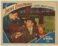 8z830 SMOKE LIGHTNING LC 1933 close up of George O'Brien scaring man & his daughter on train!