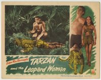 8z882 TARZAN & THE LEOPARD WOMAN LC 1946 Johnny Weissmuller kneels over slain leopard man!