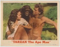 8z884 TARZAN THE APE MAN LC #2 R1954 wounded Johnny Weismuller & Maureen O'Sullivan with chimpanzee!