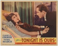 8z912 TONIGHT IS OURS LC 1933 best close up of sexy Claudette Colbert seducing Fredric March!