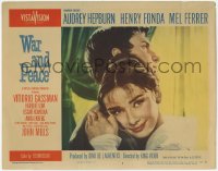8z949 WAR & PEACE LC #3 1956 best romantic close up of Audrey Hepburn embracing Mel Ferrer!