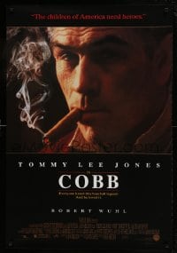 9b146 COBB Canadian 1sh 1994 baseball, close-up of cigar smoking Tommy Lee Jones as Ty Cobb!