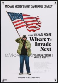 9b180 WHERE TO INVADE NEXT Canadian 1sh 2016 Michael Moore political documentary, waving U.S. flag