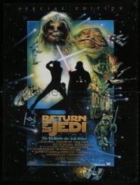 9b036 RETURN OF THE JEDI advance Swiss R1997 George Lucas classic, cool montage art by Drew Struzan!