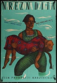 9b863 GIRL STUNTRIDER Polish 23x34 1955 great Piotr Borowy art of man carrying woman in water!