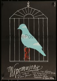 9b886 MEMORY Polish 23x33 1977 Spomen, cool Jerzy Flisak artwork of blue bird in cage!
