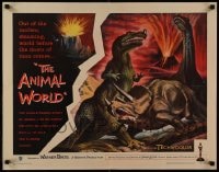 9c027 ANIMAL WORLD 1/2sh 1956 great artwork of prehistoric dinosaurs & erupting volcano!