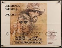 9c313 MISSOURI BREAKS 1/2sh 1976 Marlon Brando & Jack Nicholson by Bob Peak, wacky credits!