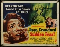 9c431 SUDDEN FEAR style B 1/2sh 1952 great close up of terrified Joan Crawford, Jack Palance