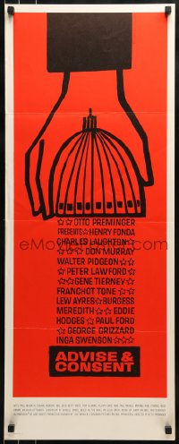 9c512 ADVISE & CONSENT insert 1962 Otto Preminger, classic Saul Bass Washington Capitol art!