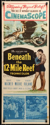 9c547 BENEATH THE 12-MILE REEF insert 1953 cool art of scuba divers fighting octopus & shark!