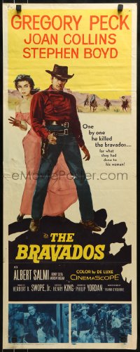 9c567 BRAVADOS insert 1958 full-length art of cowboy Gregory Peck with gun & sexy Joan Collins!