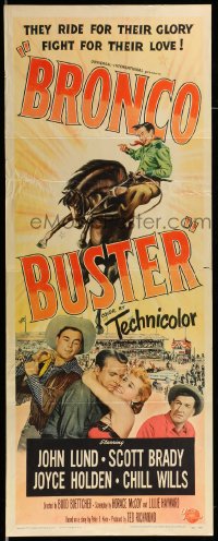 9c570 BRONCO BUSTER insert 1952 directed by Budd Boetticher, artwork of rodeo cowboy on horse!