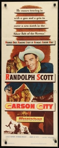 9c582 CARSON CITY insert 1952 cowboy Randolph Scott in Nevada with a gun and a grin!