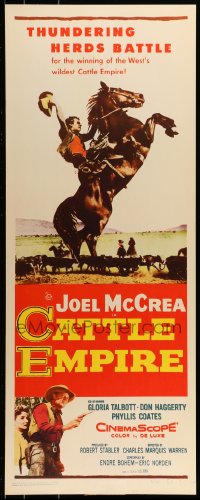 9c587 CATTLE EMPIRE insert 1958 cool full-length image of cowboy Joel McCrea on rearing horse!