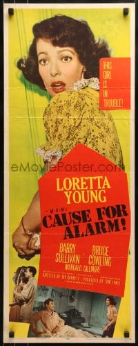 9c588 CAUSE FOR ALARM insert 1950 great huge close up image Loretta Young, and she is in trouble!