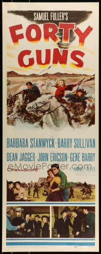 9c656 FORTY GUNS insert 1957 Samuel Fuller, art of Barbara Stanwyck & Barry Sullivan on horseback!