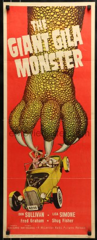 9c668 GIANT GILA MONSTER insert 1959 classic art of giant monster hand grabbing teens in hot rod!