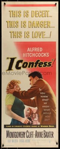 9c720 I CONFESS insert 1953 Alfred Hitchcock, art of Montgomery Clift shaking Anne Baxter!