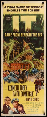 9c733 IT CAME FROM BENEATH THE SEA insert 1955 Ray Harryhausen, a tidal wave of terror, cool art!