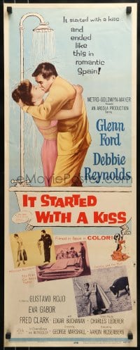 9c734 IT STARTED WITH A KISS insert 1959 Glenn Ford & Debbie Reynolds kissing in shower in Spain!